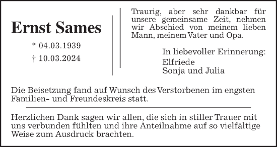 Traueranzeige von Ernst Sames von Pohlheimer Nachrichten