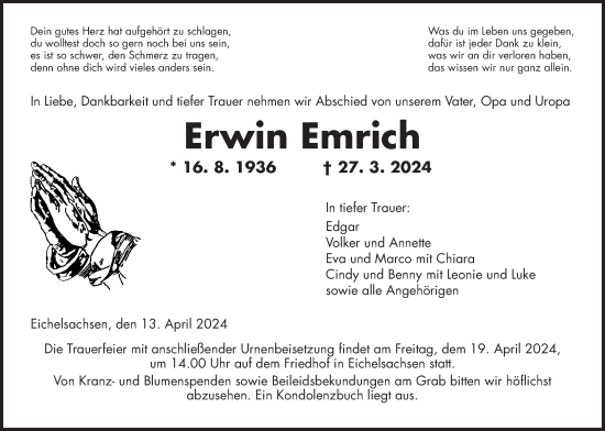 Traueranzeige von Erwin Emrich von Kreis-Anzeiger