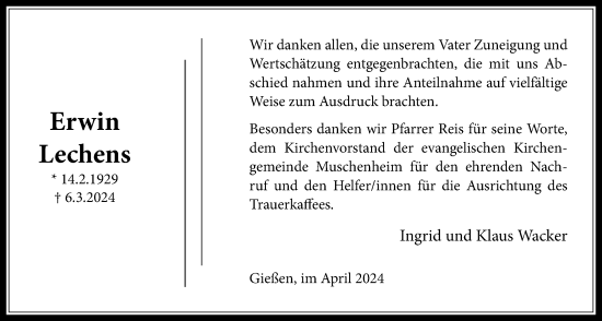 Traueranzeige von Erwin Lechens von Licher Wochenblatt