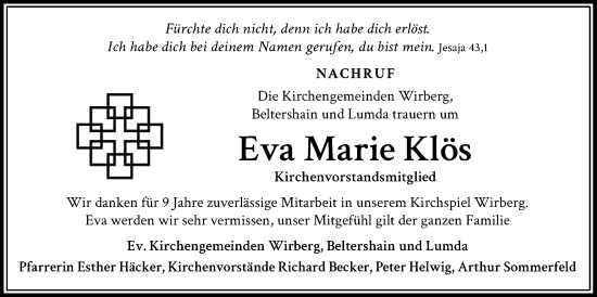 Traueranzeige von Eva Marie Klös von Giessener Anzeiger, Giessener Allgemeine, Alsfelder Allgemeine