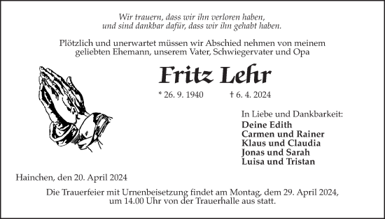 Traueranzeige von Fritz Lehr von Kreis-Anzeiger