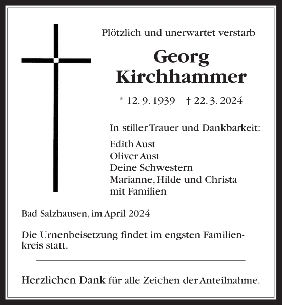 Traueranzeige von Georg Kirchhammer von Kreis-Anzeiger