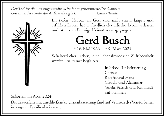 Traueranzeige von Gerd Busch von Kreis-Anzeiger