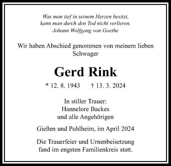 Traueranzeige von Gerd Rink von Giessener Anzeiger, Giessener Allgemeine, Alsfelder Allgemeine