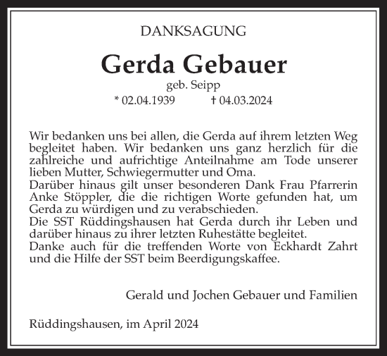 Traueranzeige von Gerda Gebauer von Rabenauer Zeitung
