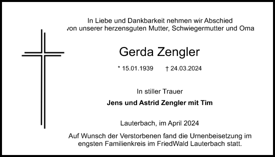 Traueranzeige von Gerda Zengler von Lauterbacher Anzeiger