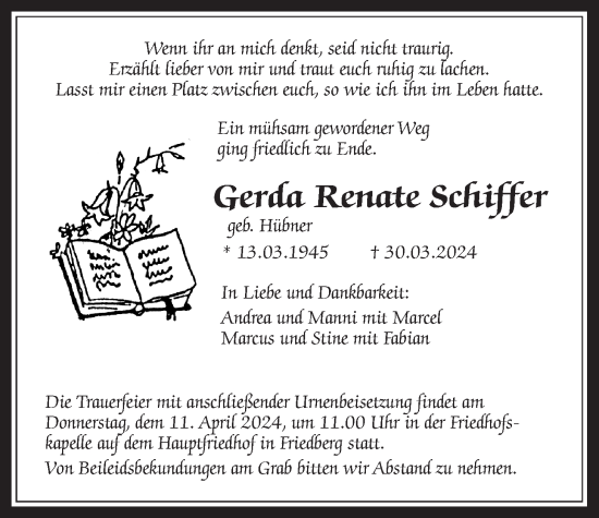 Traueranzeige von Gerda Renate Schiffer von Wetterauer Zeitung