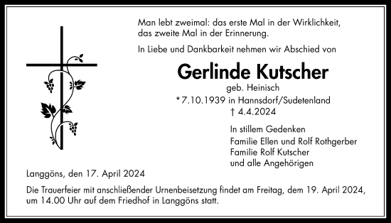 Traueranzeige von Gerlinde Kutscher von Giessener Allgemeine, Alsfelder Allgemeine, Giessener Allgemeine, Alsfelder Allgemeine