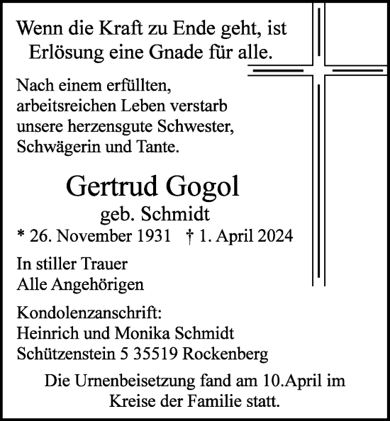 Traueranzeige von Gertrud Gogol von Butzbacher Zeitung