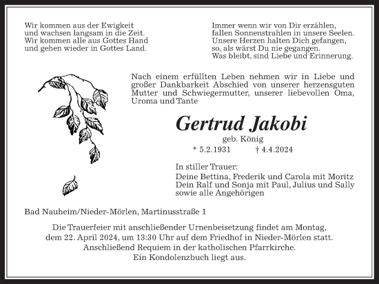 Traueranzeige von Gertrud Jakobi von Wetterauer Zeitung