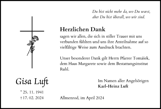 Traueranzeige von Gisa Luft von Lauterbacher Anzeiger