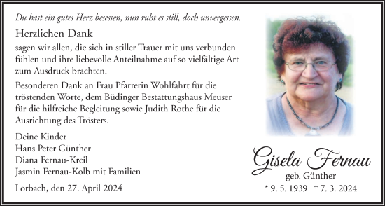 Traueranzeige von Gisela Fernau von Kreis-Anzeiger