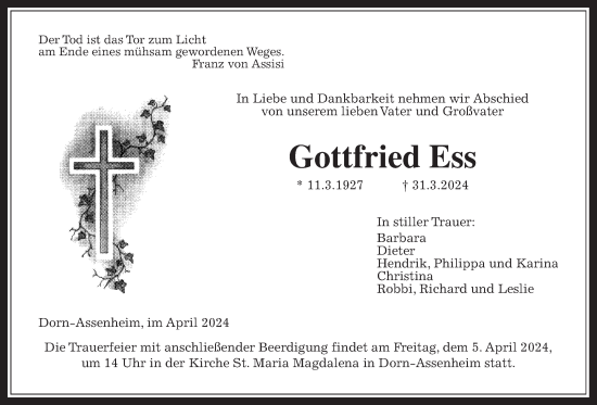 Traueranzeige von Gottfried Ess von Wetterauer Zeitung