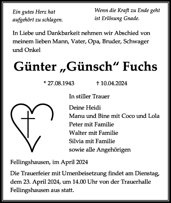 Traueranzeige von Günter Fuchs von Giessener Allgemeine, Alsfelder Allgemeine