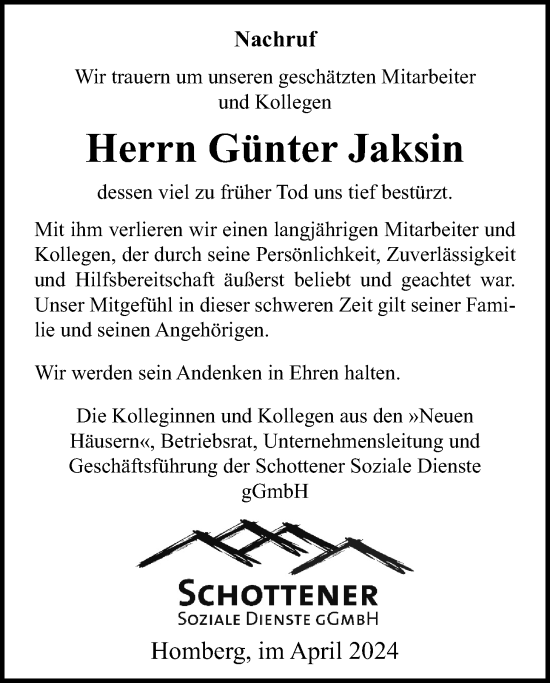 Traueranzeige von Günter Jaksin von Oberhessische Zeitung, Alsfelder Allgemeine