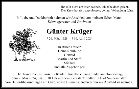 Traueranzeige von Günter Krüger von Wetterauer Zeitung