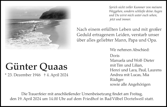 Traueranzeige von Günter Quaas von Bad Vilbel/Karben