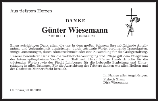 Traueranzeige von Günter Wiesemann von Kreis-Anzeiger