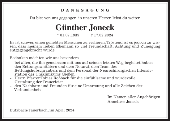 Traueranzeige von Günther Joneck von Butzbacher Zeitung