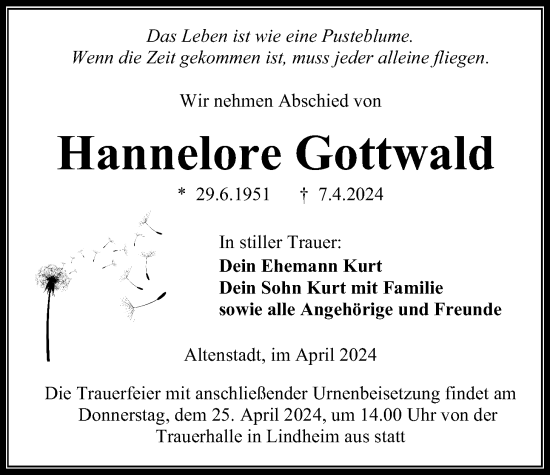 Traueranzeige von Hannelore Gottwald von Kreis-Anzeiger