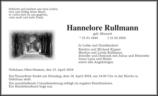 Traueranzeige von Hannelore Rullmann von Kreis-Anzeiger