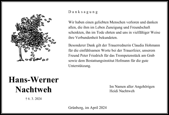 Traueranzeige von Hans-Werner Nachtweh von Giessener Allgemeine, Alsfelder Allgemeine