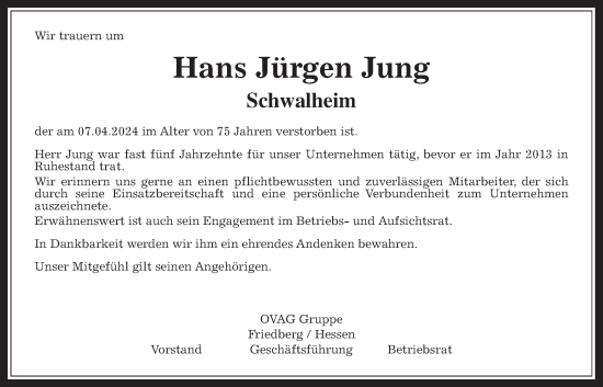 Traueranzeige von Hans Jürgen Jung von Wetterauer Zeitung