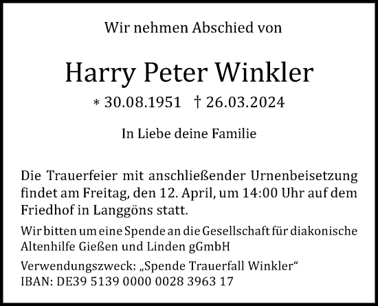 Traueranzeige von Harry Peter Winkler von Giessener Anzeiger