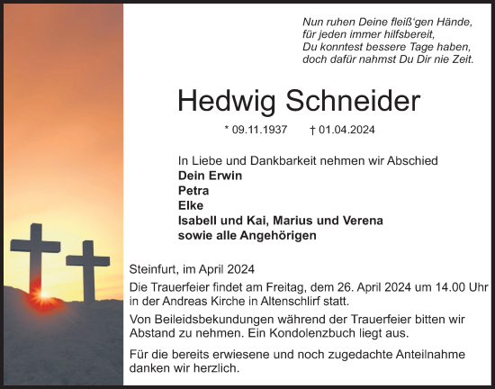 Traueranzeige von Hedwig Schneider von Lauterbacher Anzeiger