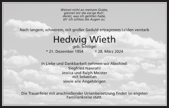 Traueranzeige von Hedwig Wieth von Bad Vilbel/Karben