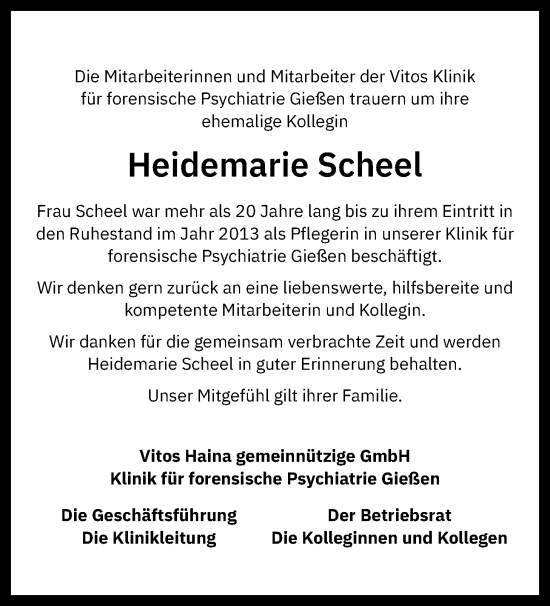 Traueranzeige von Heidemarie Scheel von Giessener Allgemeine, Alsfelder Allgemeine, Giessener Anzeiger