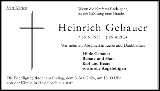 Traueranzeige von Heinrich Gebauer von Oberhessische Zeitung