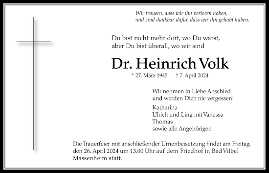 Traueranzeige von Heinrich Volk von Bad Vilbel/Karben