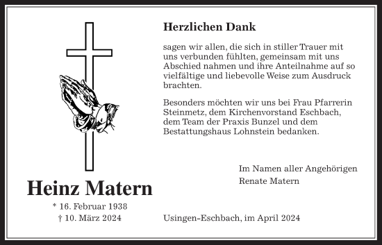 Traueranzeige von Heinz Matern von Usinger Anzeiger