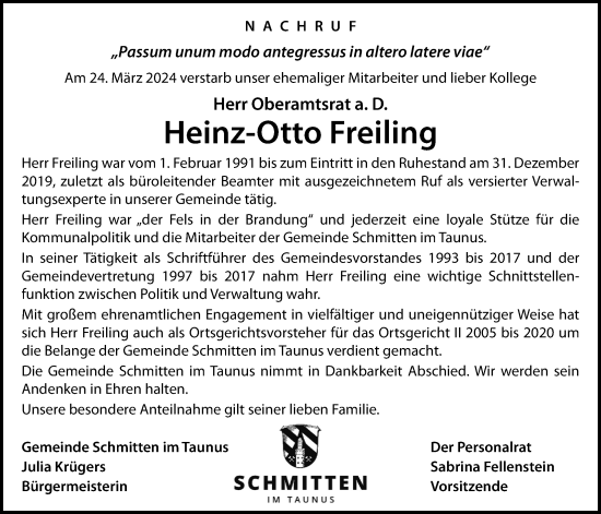 Traueranzeige von Heinz-Otto Freiling von Usinger Anzeiger