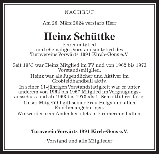 Traueranzeige von Heinz Schüttke von Butzbacher Zeitung