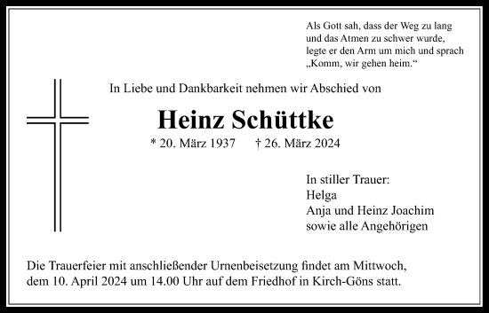 Traueranzeige von Heinz Schüttke von Butzbacher Zeitung