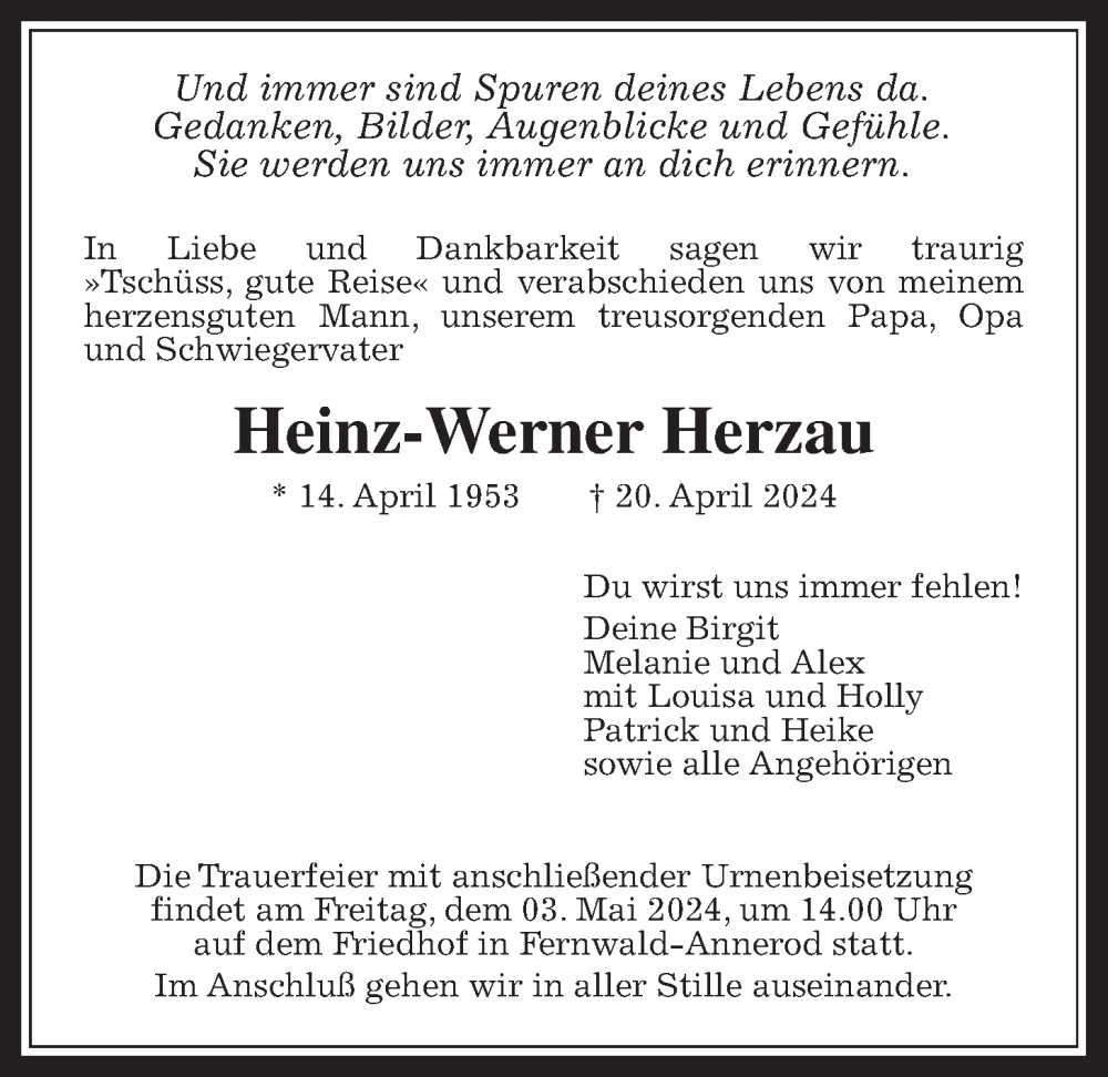  Traueranzeige für Heinz-Werner Herzau vom 27.04.2024 aus Giessener Allgemeine, Alsfelder Allgemeine, Giessener Anzeiger