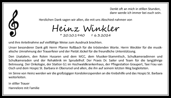 Traueranzeige von Heinz Winkler von Wetterauer Zeitung