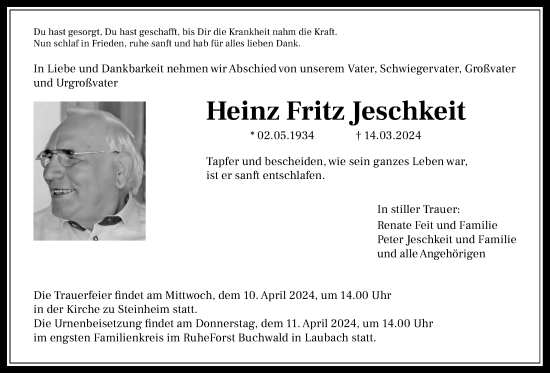 Traueranzeige von Heinz Fritz Jeschkeit von Licher Wochenblatt