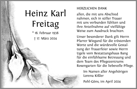 Traueranzeige von Heinz Karl Freitag von Butzbacher Zeitung
