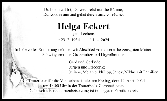 Traueranzeige von Helga Eckert von Butzbacher Zeitung