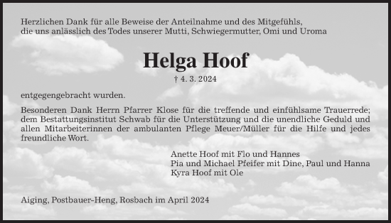 Traueranzeige von Helga Hoof von Wetterauer Zeitung