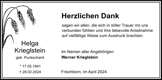 Traueranzeige von Helga Krieglstein von Lauterbacher Anzeiger