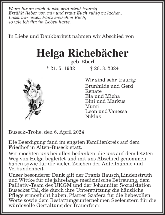 Traueranzeige von Helga Richebächer von Giessener Anzeiger
