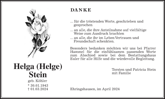 Traueranzeige von Helga Stein von Oberhessische Zeitung