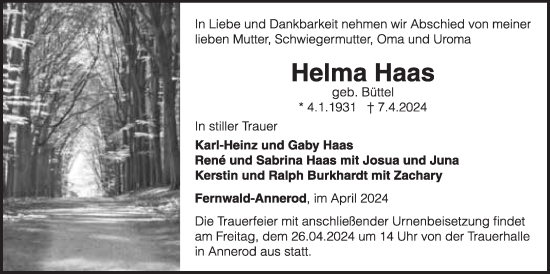 Traueranzeige von Helma Haas von Giessener Allgemeine, Alsfelder Allgemeine