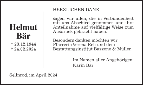 Traueranzeige von Helmut Bär von Mücker Stimme