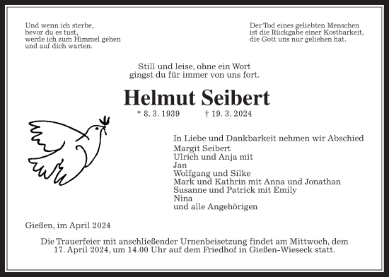 Traueranzeige von Helmut Seibert von Giessener Anzeiger, Giessener Allgemeine, Alsfelder Allgemeine