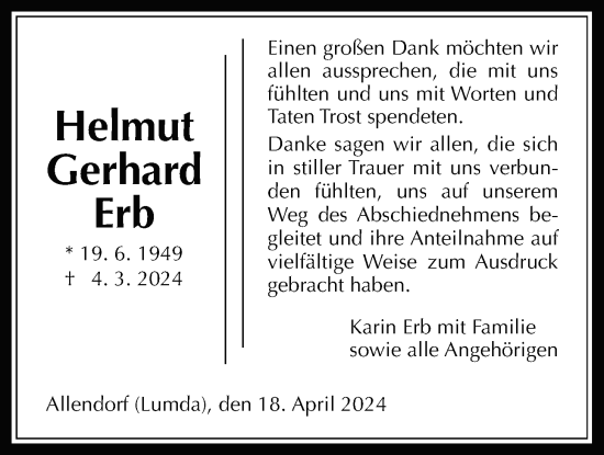 Traueranzeige von Helmut Gerhard Erb von Rabenauer Zeitung, Allendorfer Mitteilungen